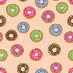 Vector of seamless pattern with yummy donuts. Design for textile, fabric, decoration, wallpaper, wrapping, scrapbook, packaging or background illustration.