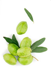 Olive fruit and olive leaves on a white background