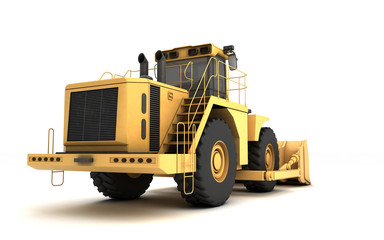 Powerful yellow hydraulic wheel bulldozer isolated on white. 3D illustration. Perspective. Low angle. Rear side view. Right side.