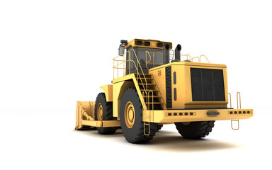 Powerful yellow hydraulic wheel bulldozer isolated on white. 3D illustration. Perspective. Low angle. Rear side view. Left side.
