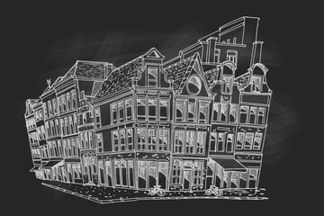 Hand drawn ink line sketch of european street