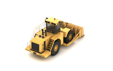 High angle view on powerful yellow hydraulic wheel bulldozer isolated on white. 3D illustration. Isometric. Perspective. Front side view. Left side.