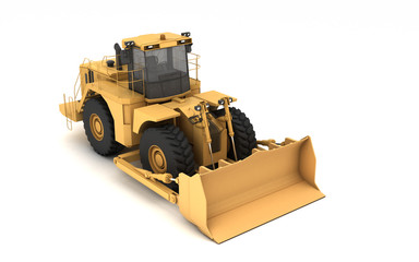 High angle view on powerful yellow hydraulic wheel bulldozer isolated on white. 3D illustration....
