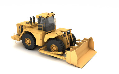 Fototapeta premium High angle view on powerful yellow hydraulic wheel bulldozer isolated on white. 3D illustration. Isometric. Perspective. Front side view. Right side.