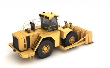 High angle view on powerful yellow hydraulic wheel bulldozer isolated on white. 3D illustration. Isometric. Perspective. Rear view. Right side.