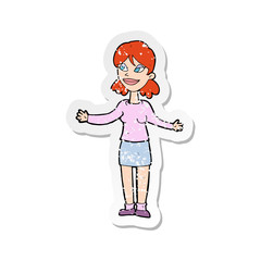 retro distressed sticker of a cartoon happy woman shruggin shoulders