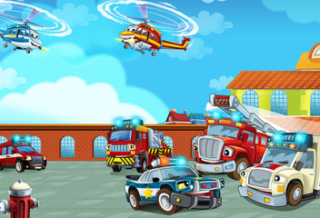 cartoon firetruck driving out of fire station to action - different fireman vehicles police and ambulance - illustration for children