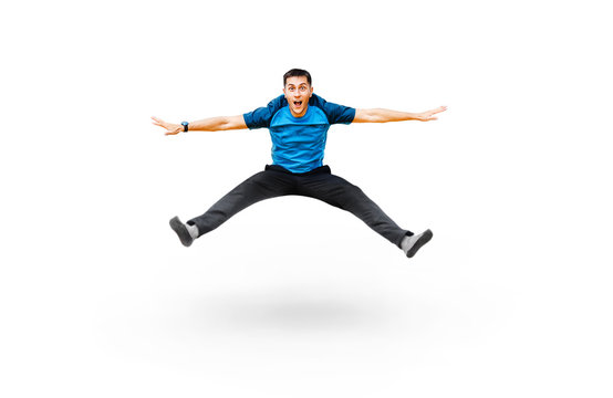 Funny Man Jumping In Sportswear Isolated On White