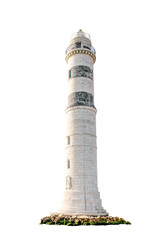 Tall Lighthouse with rocks isolated on white background