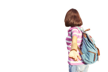 Follow traveler girl with backpack isolated on white background