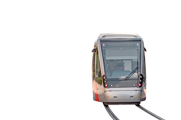 Modern tramway isolated with rails on white background