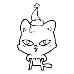 line drawing of a cat wearing santa hat