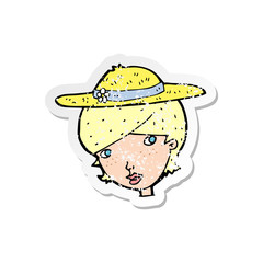 retro distressed sticker of a cartoon woman wearing summer hat