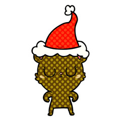 peaceful comic book style illustration of a bear wearing santa hat