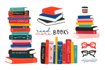 World book day. Stack of books, glasses, vertical books and coffee isolated on a white background. Set of hand drawn educational vector illustrations. Every illustration is isolated