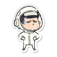 distressed sticker of a cartoon stressed astronaut