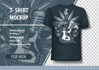 Snake wrapped guitar with skulls and a microphone behind. Fully editable T-Shirt template.