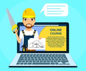 Professional online courses of construction and repair. Builder with a saw in his hand, advertises online courses. Education and training online.