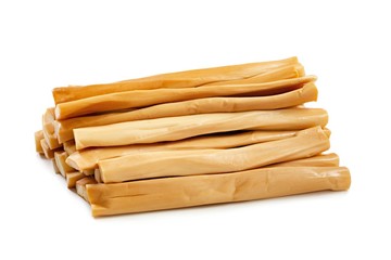 Smoked cheese, snack for beer on a white background