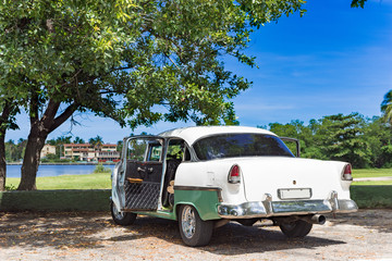 Amerikanischer grün weisser Oldtimer parkt nahe des Strandes unter Bäumen in Havanna City Cuba -...