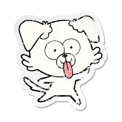 distressed sticker of a cartoon dog with tongue sticking out