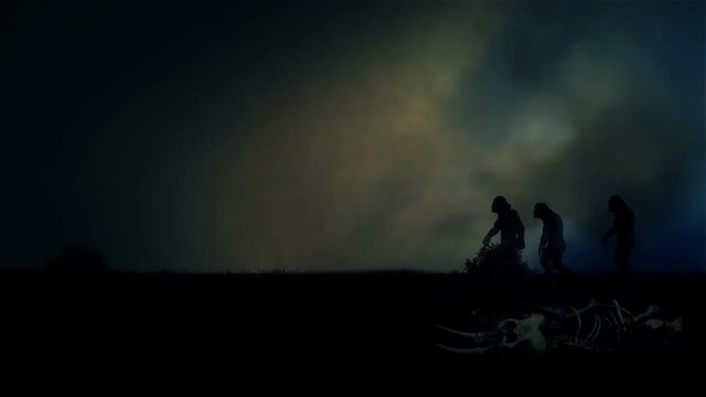 Few Cavemen Walking in Empty an Field Under a Storm