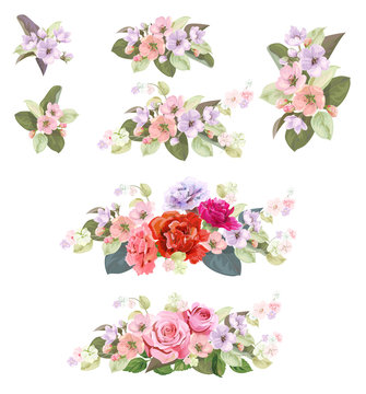 Set of bouquets: roses, spring blossom, carnations. Borders with red, mauve, pink flowers, buds, green leaves on white background. Digital draw illustration in watercolor style, vintage, vector