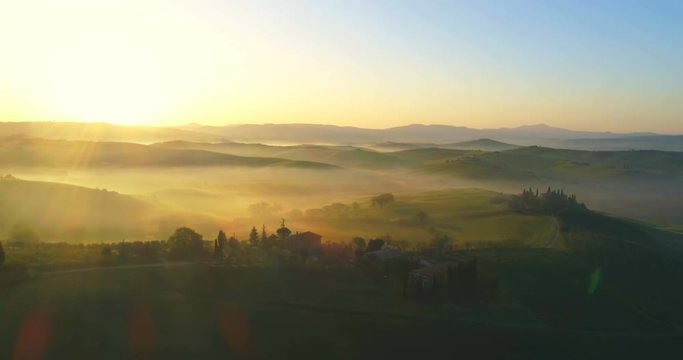 Aerial nature landscape beautiful hills forests fields and vineyards of Tuscany, Italy.