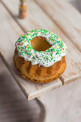 easter cake and easter eggs, traditional holiday design (happy easter!). top view. food background