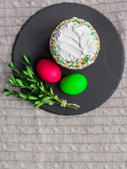 easter cake and easter eggs, traditional holiday design (happy easter!). top view. food background