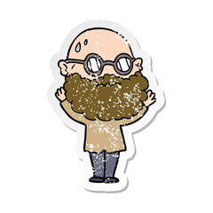 distressed sticker of a cartoon worried man with beard and spectacles