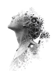 Paintography. Double Exposure portrait of a young beautiful woman combined with hand drawn ink painting created using unique technique. Black and white