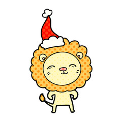 comic book style illustration of a lion wearing santa hat