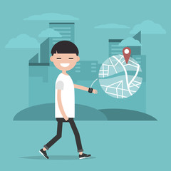Young character using a navigational app with smart watch.Map and geo tag on city background.Flat cartoon design.Clip art