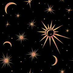 Seamless pattern with suns, moons and stars. Vector gold and black illustration. Print could be used for textile, zodiac star yoga mat, underwear