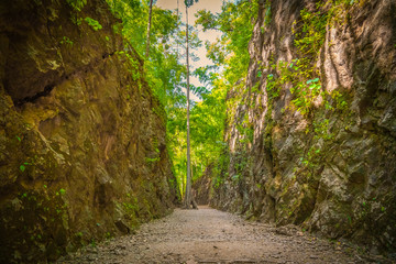 Blue sky high peak mountains fog hills mist scenery river lake dam bay gulf wildlife  National park views Kanchanaburi, Thailand.