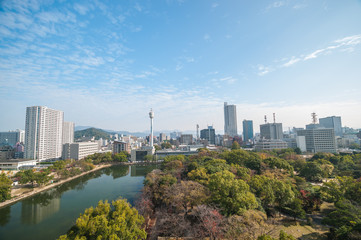 Panoramic landscape view seen from the top of Hiroshima Castle, sometimes called Carp Castle, which was the home of the feudal lord of the Hiroshima fief in Japan