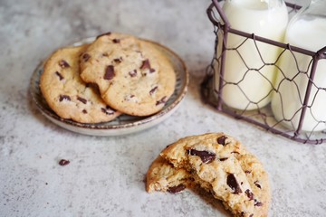 Homemade thick Chocolate chunk cookies, selective focus