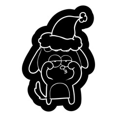 cartoon icon of a tired dog wearing santa hat