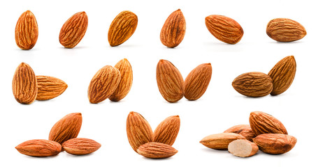 Isolated of almonds nut collection on white background. Clipping path -Image.