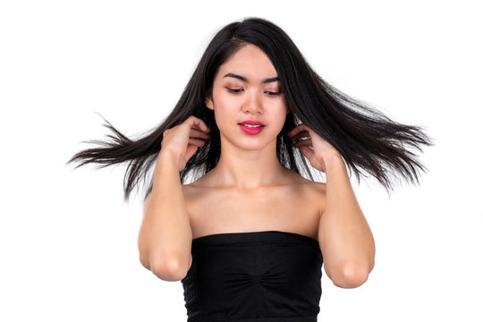 Asian beautiful woman to spread the hair on white background, beauty concept, fashion