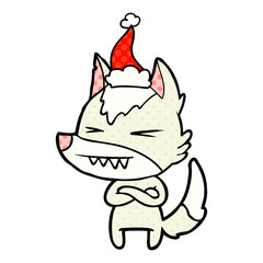 angry wolf comic book style illustration of a wearing santa hat