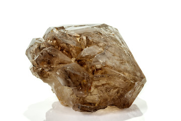 Macro mineral stone smoky quartz, rauchtopaz on a white background