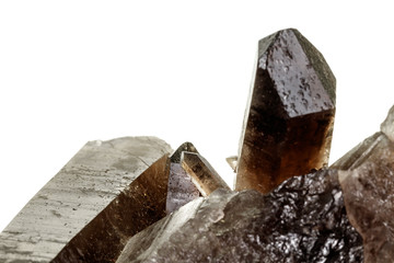 Macro mineral stone smoky quartz, rauchtopaz on a white background