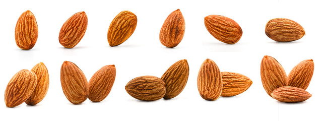 Isolated of almonds nut collection on white background. Clipping path -Image.