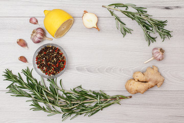 Ingredients for cooking meat or fish on wooden boards.