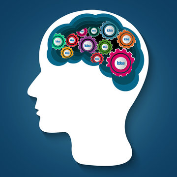 Human head creative idea brain gear icon. spark success in business. isolated blue background. vector illustration