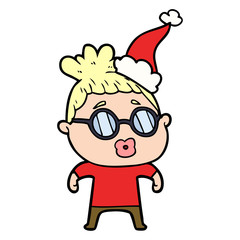 line drawing of a woman wearing spectacles wearing santa hat