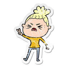distressed sticker of a cartoon angry woman