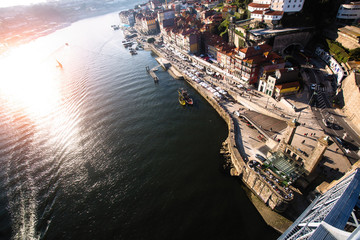 View of Douro river and Ribeira from Dom Luis I iron bridge, Porto - Portugal.